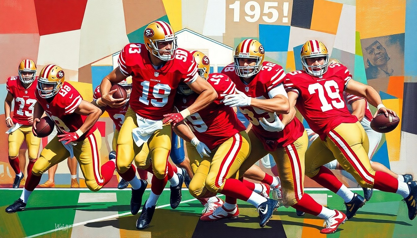 A fragmented, geometric painting depicting a 49ers pass rush play, with sharp planes of red, gold, and white overlapping to create a dynamic, abstract representation of the team's defensive struggles.