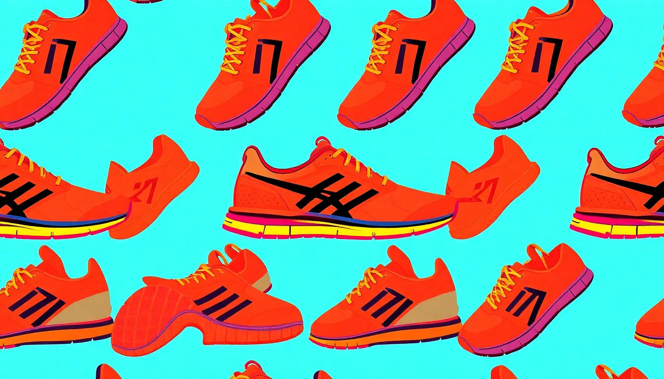A bold, colorful silkscreen-style illustration of a running shoe repeated in a grid, capturing the energy and spirit of the Oklahoma City Memorial Marathon.