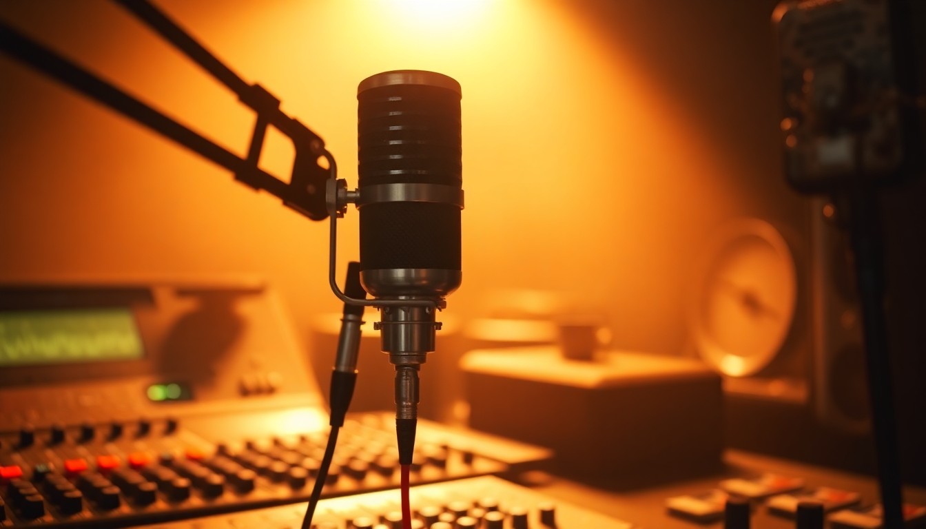 A blurred, impressionistic photograph of a radio studio microphone and mixing board, with the scene bathed in a warm, hazy glow that evokes a nostalgic mood.