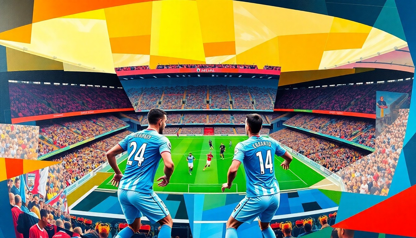A cubist-style painting depicting a Premier League soccer match between Manchester City and Arsenal, with the players and stadium environment broken down into sharp, overlapping geometric shapes and planes in vibrant colors.