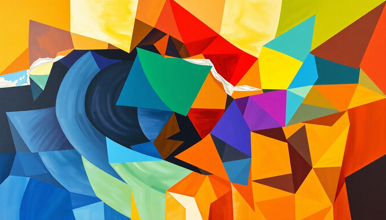 An abstract, fractured painting in overlapping geometric shapes and waves of dark blues, grays, and reds, conceptually representing the chaotic political debate over FISA surveillance renewal.