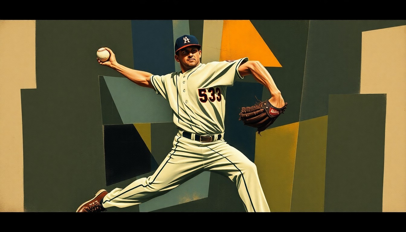 A cubist, geometric painting depicting a baseball pitcher's motion broken down into overlapping, angular shapes in muted navy, olive, and ochre tones, conceptually representing the Padres' challenge in managing Pivetta's injury.