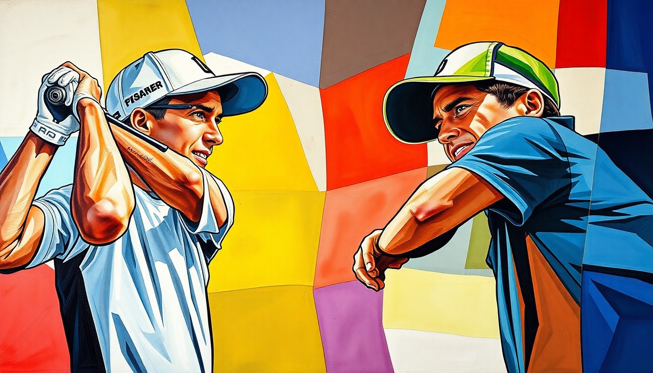 A cubist-style painting depicting a golf match or competition between two players, with the figures and elements of the scene broken down into sharp, overlapping geometric shapes and planes in a vibrant color palette.