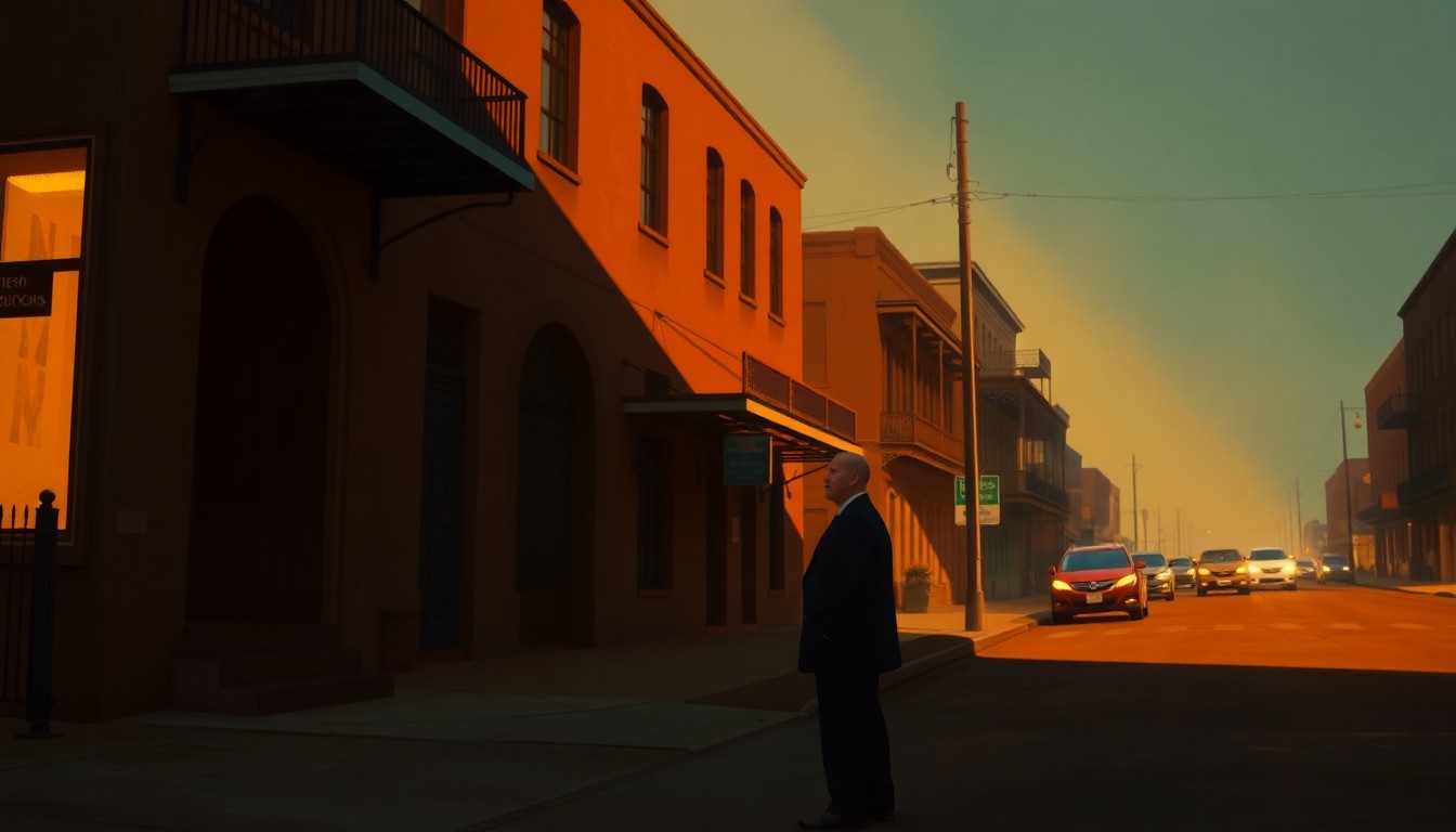 A solitary figure of a man standing on a city street corner, surrounded by warm light and deep shadows, conceptually representing Mitch Landrieu's introspective consideration of a presidential campaign.