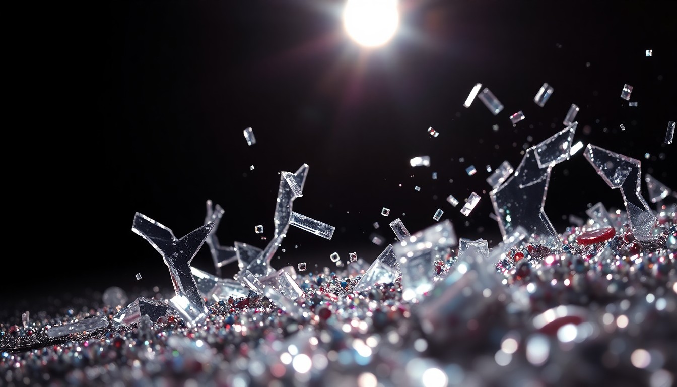 An extreme close-up of shattered glass and glittering sequins in high-contrast black and white, conveying the captivating yet delicate nature of popular music through an abstract, high-fashion aesthetic.