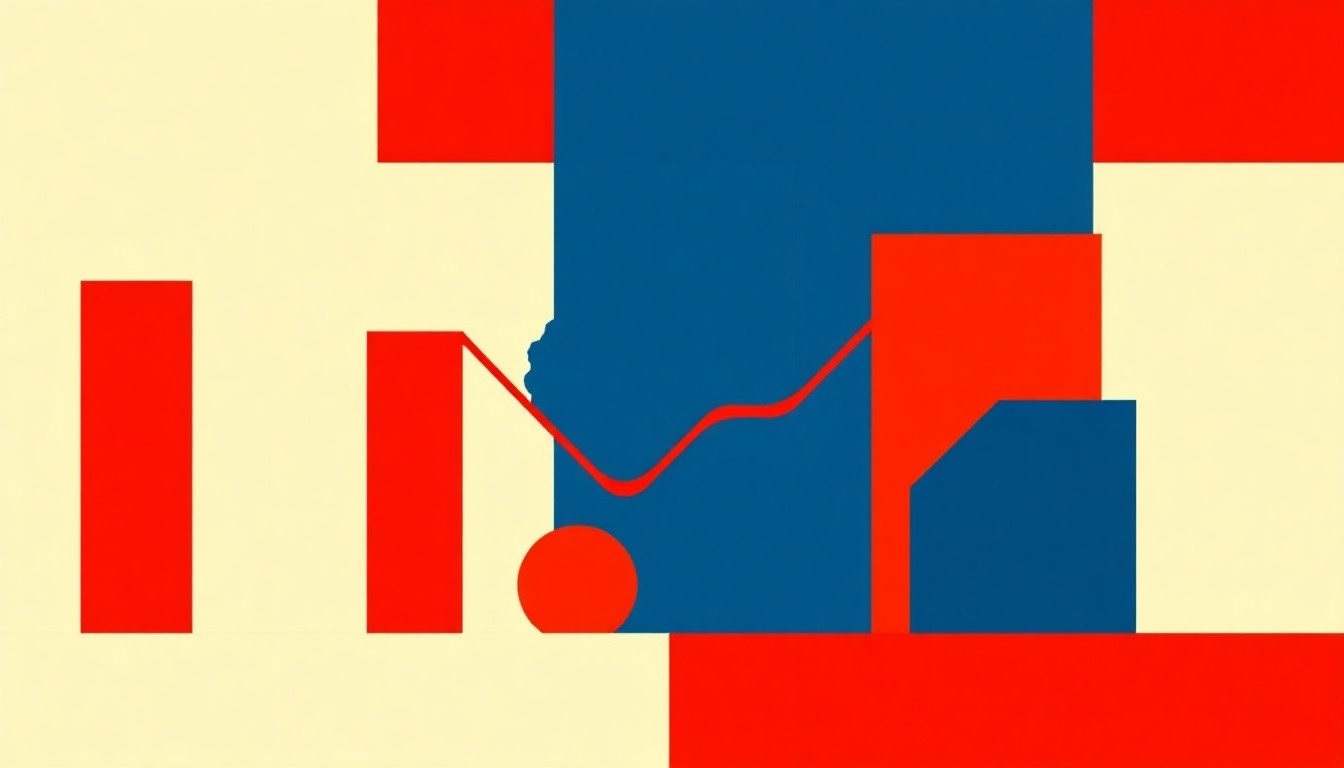 A minimalist composition of overlapping geometric shapes in shades of blue, green, and red, conceptually representing the economic data and trends discussed in the story.