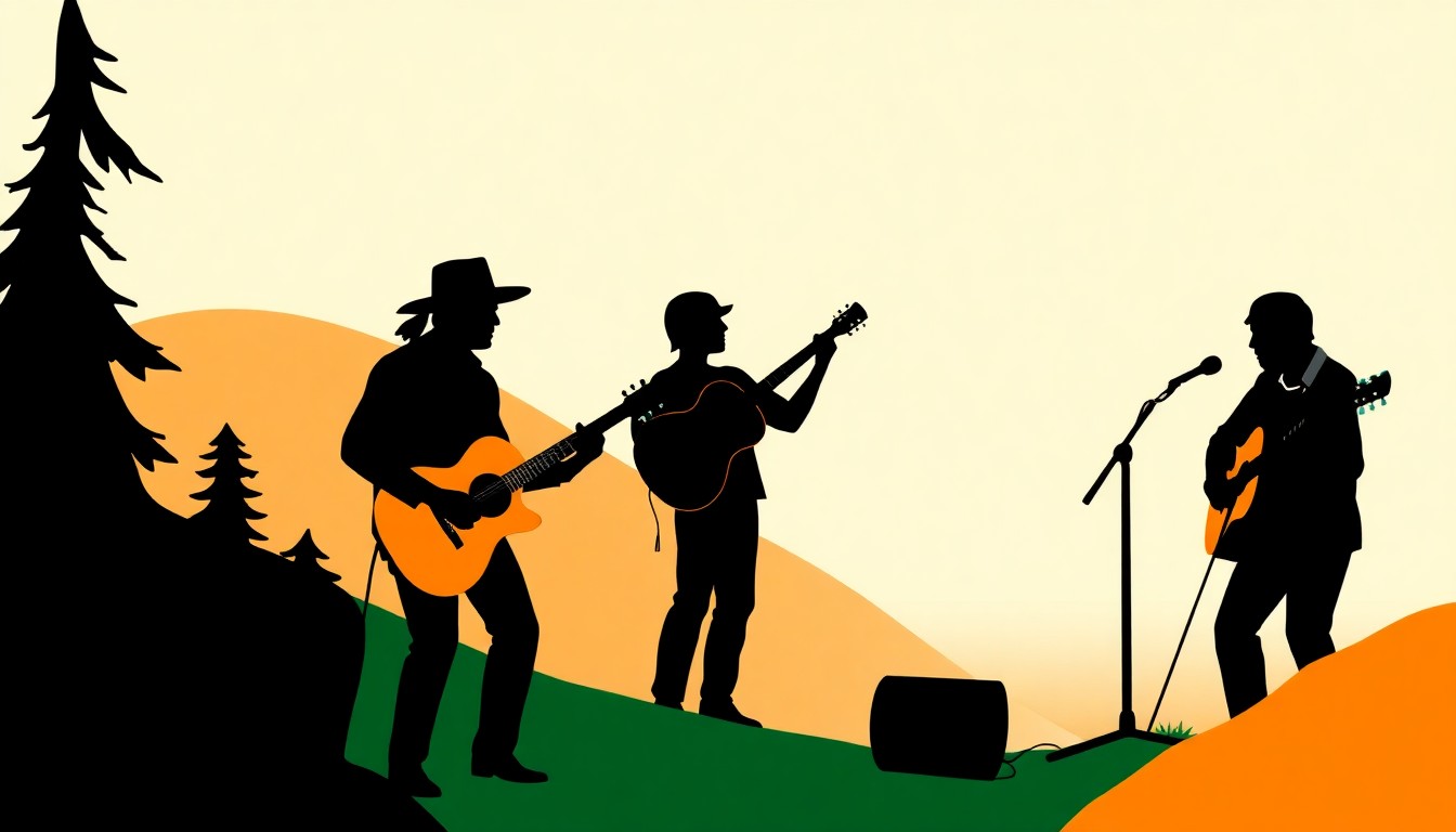 An abstract, minimalist illustration featuring sharp, angular shapes in deep green and earthy ochre tones, conveying the rustic, traditional feel of Vermont folk music without any literal depictions.