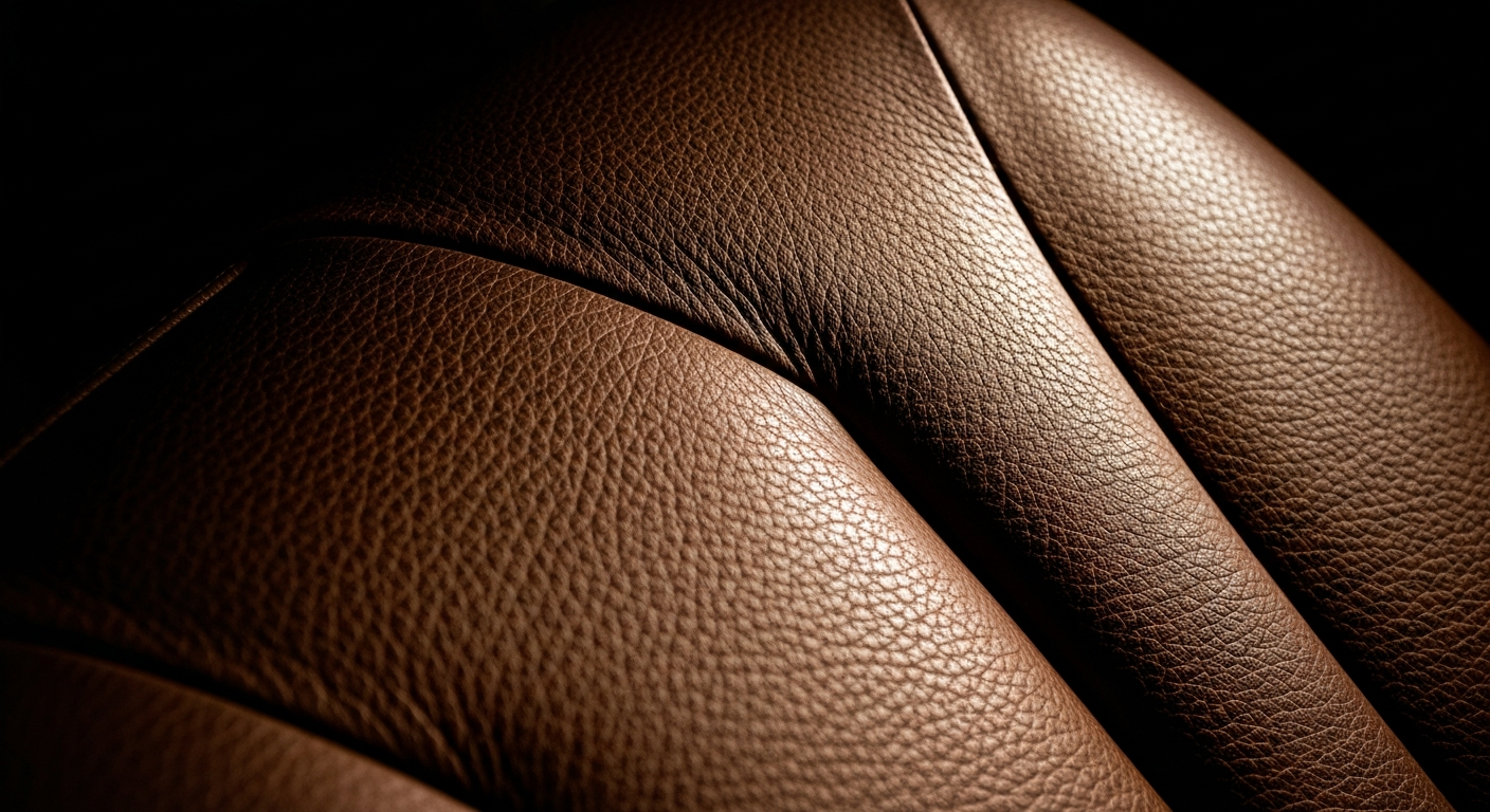An extreme close-up of a textured, pebbled leather car seat surface in rich, earthy tones, conveying the craftsmanship and care that defines the long-running auto repair shop.