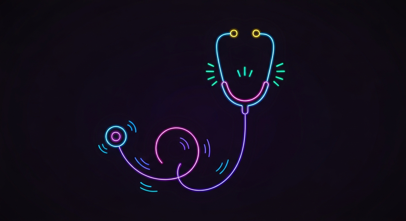 A minimalist illustration of a medical stethoscope defined by glowing, vibrant neon lines against a dark background, conceptually representing the energy and importance of healthcare coverage in Russia.