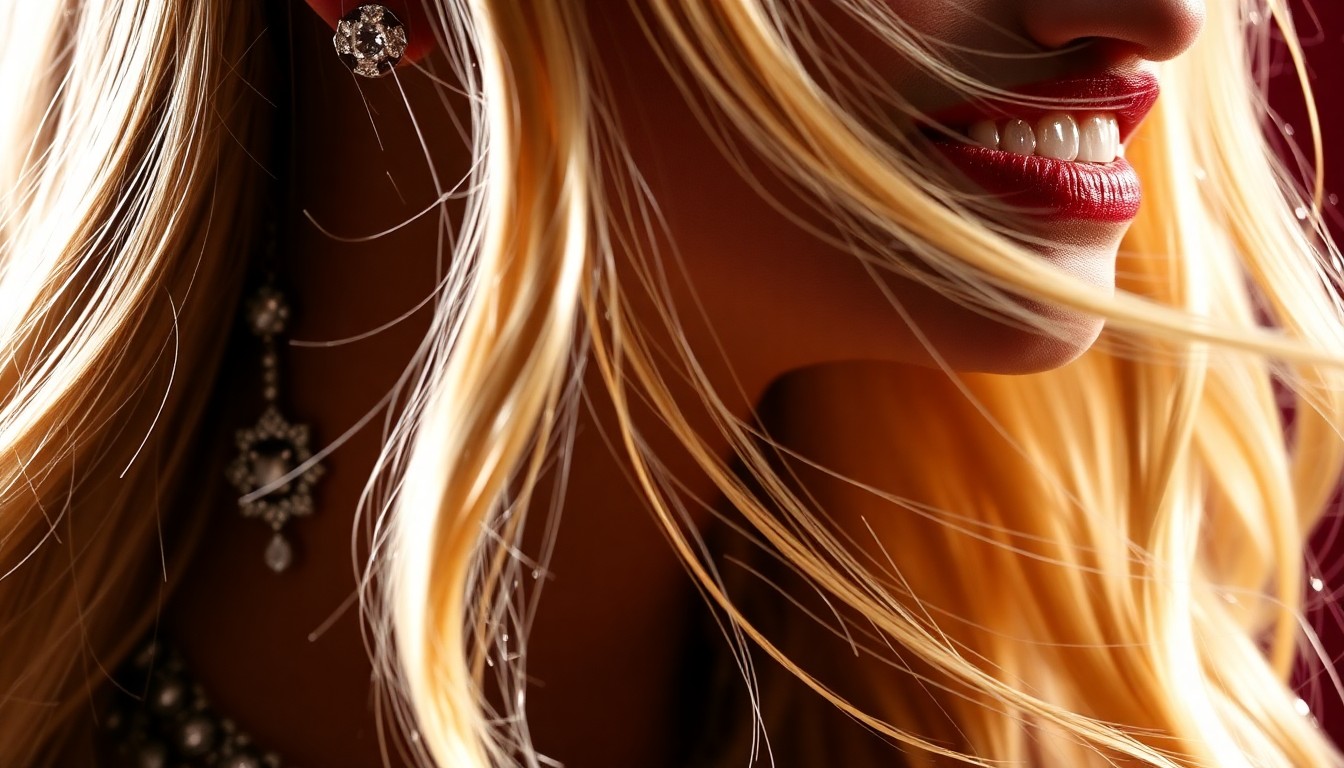 An abstract close-up image of sparkling diamond jewelry and strands of blonde hair, conveying the luxurious, high-fashion aesthetic of Christina Aguilera's red carpet appearance.