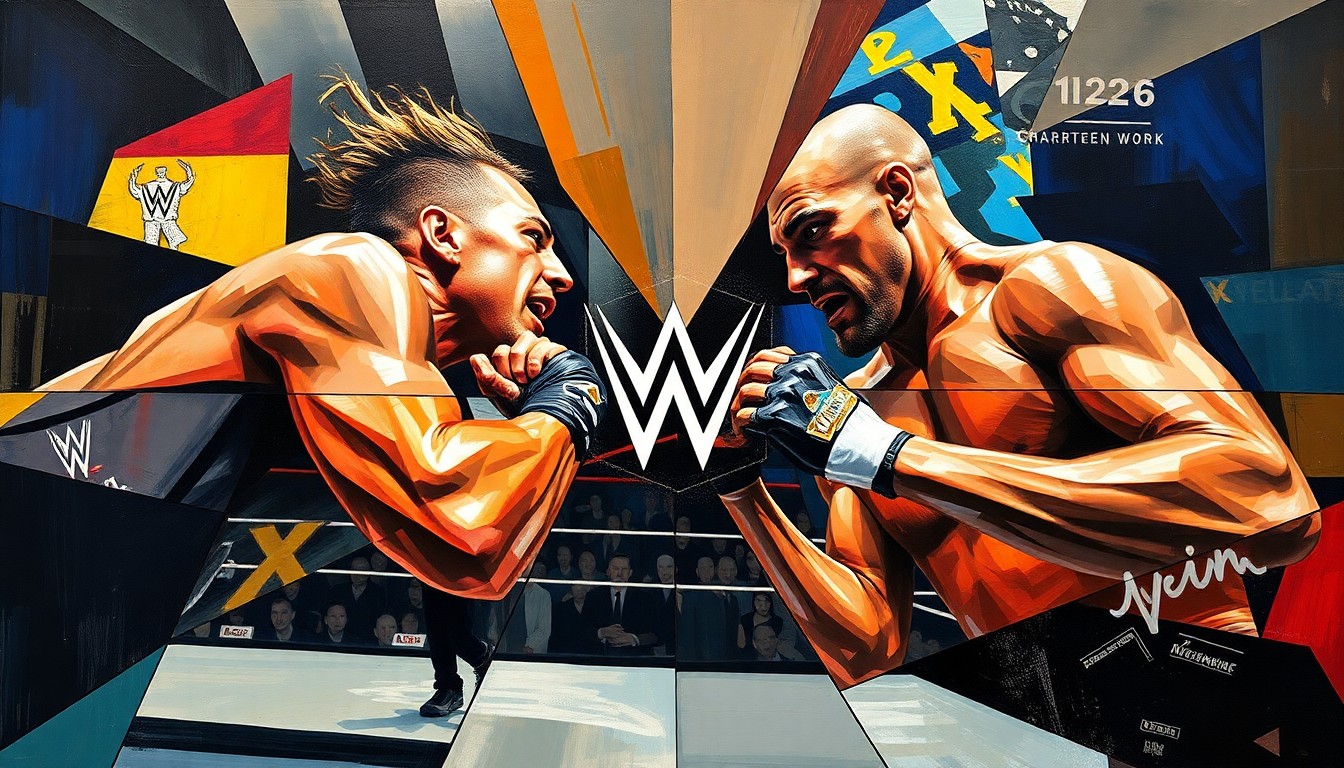 A fragmented, geometric painting depicting the action and emotion of the Cody Rhodes vs. Randy Orton WWE title match, with sharp, overlapping planes of color and form.