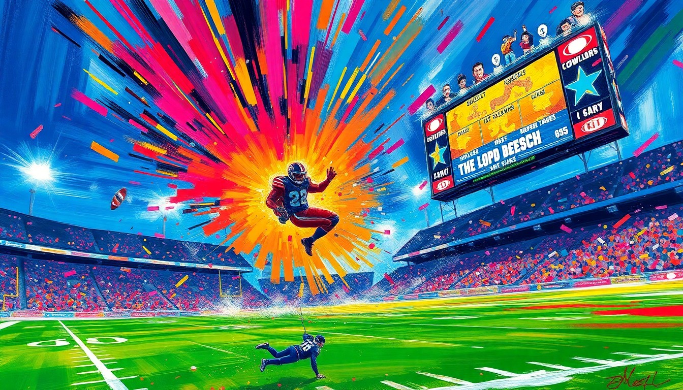 An abstract, energetic painting in neon colors depicting the chaotic movement and impact of a parachuter crashing into a football stadium scoreboard, conceptually illustrating the dramatic incident.