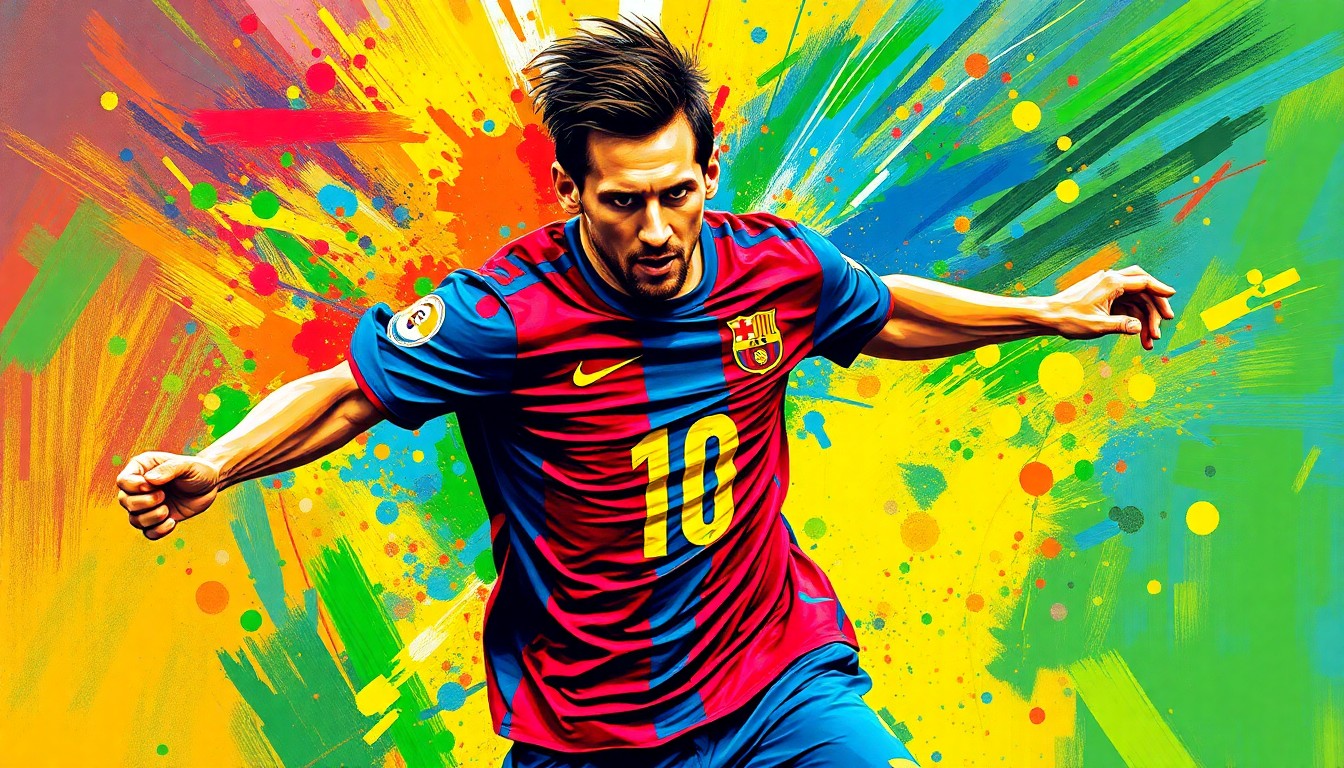 An extreme close-up of Lionel Messi's dynamic soccer movements, captured in a vibrant, expressionist painting style with rapid brushstrokes and neon colors, conceptually illustrating his match-winning performance for Inter Miami.