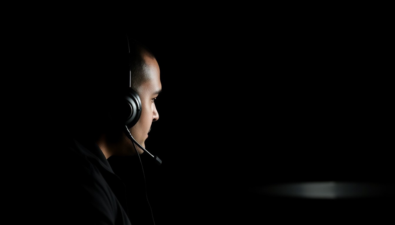 An extreme close-up photograph of a telecommunicator's headset and computer monitor, lit by a harsh, direct camera flash against a pitch-black background, creating a stark, gritty, investigative aesthetic.