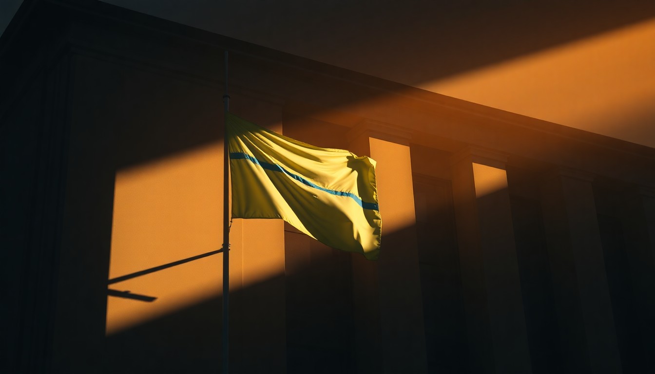 A solitary Ukrainian flag hanging on a government building, the fabric illuminated by warm, diagonal sunlight and cast in deep shadows, capturing a sense of quiet resilience and unresolved tension.