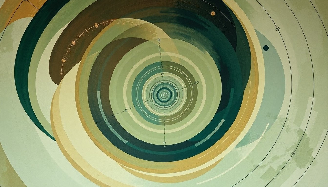 A bold, abstract painting in earthy tones of green, brown, and blue, featuring sweeping geometric arcs, concentric circles, and precise spirals, conceptually representing the interconnected nature of modern science and technology within the Wits Anglo American Digital Dome.