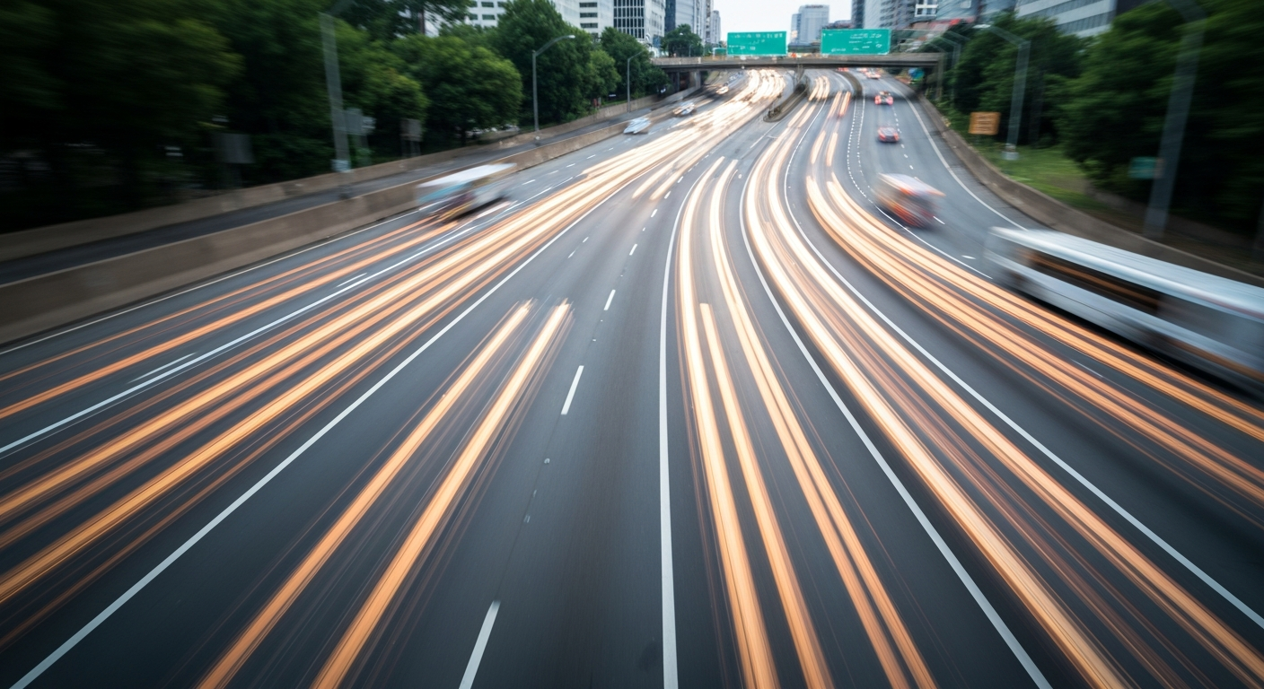 An abstract, blurred image of a busy Atlanta highway, with streaks of vibrant colors representing the movement and energy of modern urban transportation.