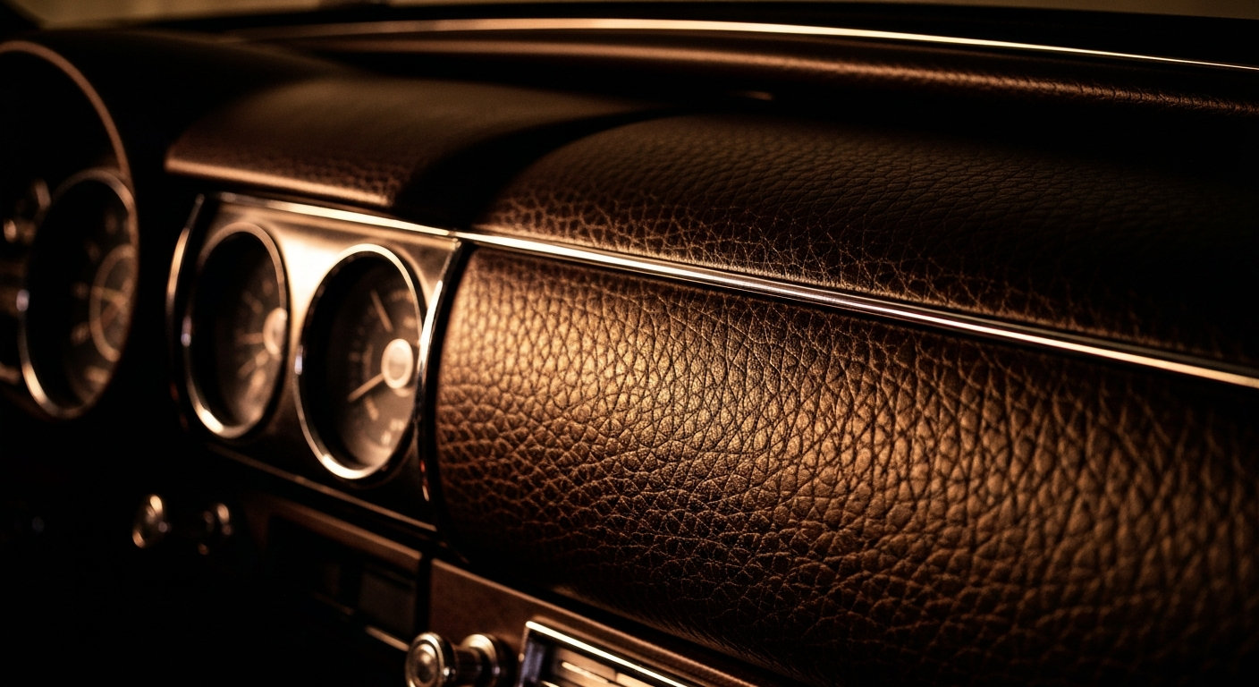 An extreme close-up of the pebbled leather interior of a vintage car dashboard, capturing the rich, textured materials that are the foundation of the auto mechanic trade.