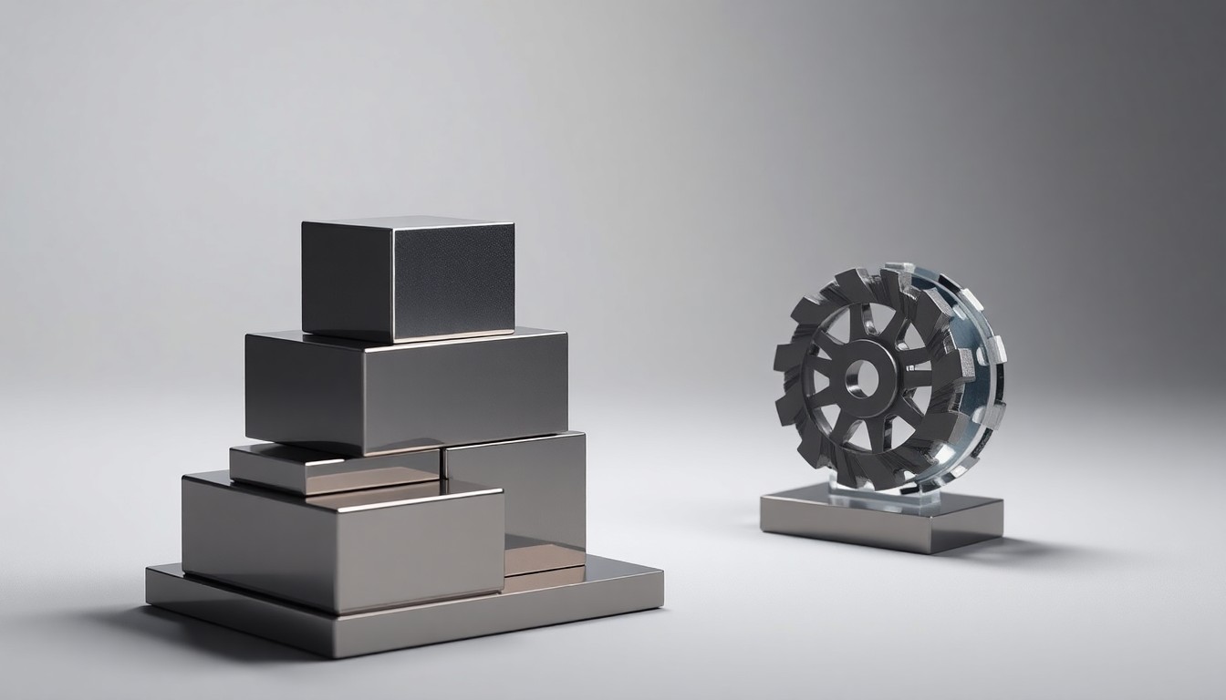 A high-end, photorealistic studio still-life photograph featuring a stack of polished metal cubes, a sleek glass paperweight, and a single mechanical gear, all arranged elegantly on a clean, monochromatic background to conceptually represent abstract corporate strategy and market forces.