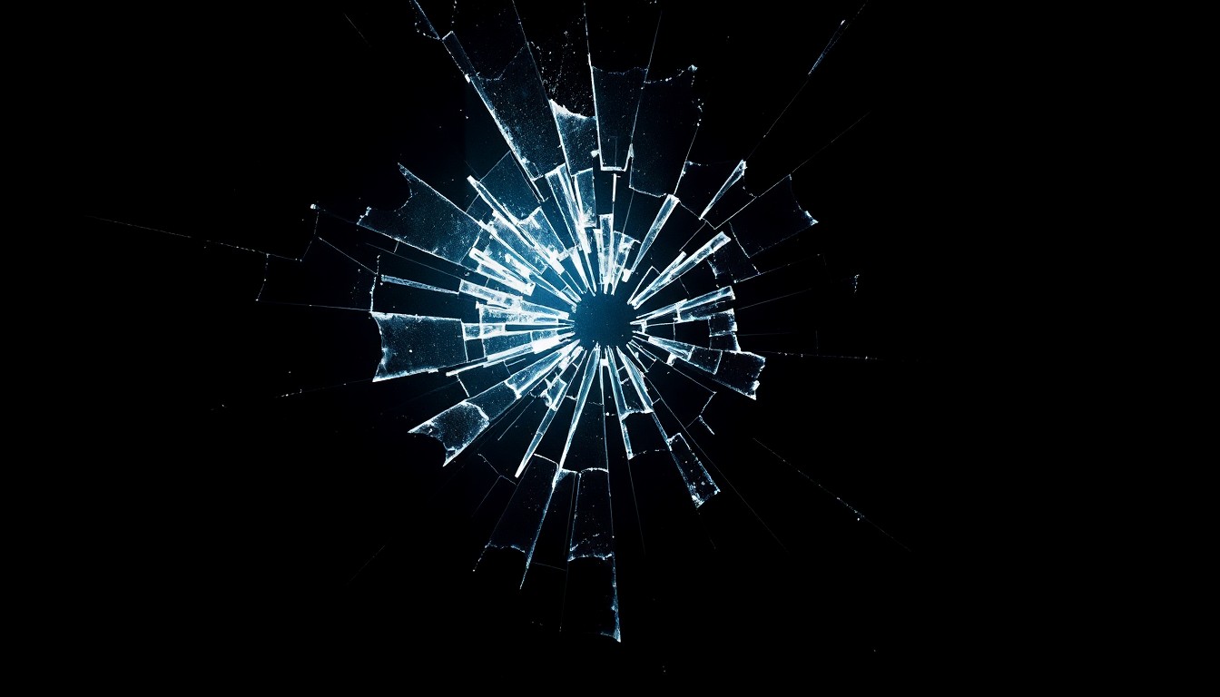 An extreme close-up photograph of shattered glass reflecting a bright, direct camera flash, conceptually illustrating the violent intrusion of a home invasion.