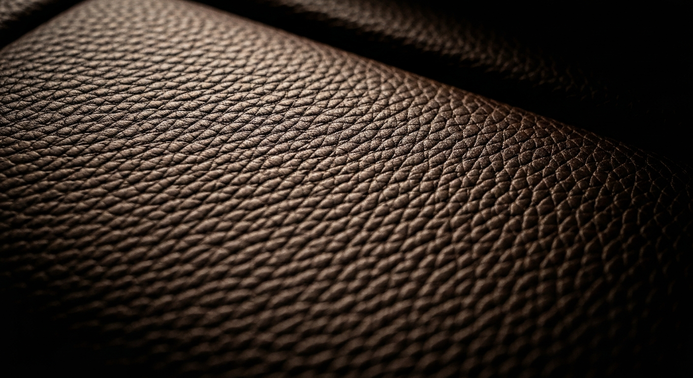 An extreme close-up of a car's leather interior, showcasing the intricate, pebbled texture and rich, earthy tones in a dramatic, high-contrast lighting style.