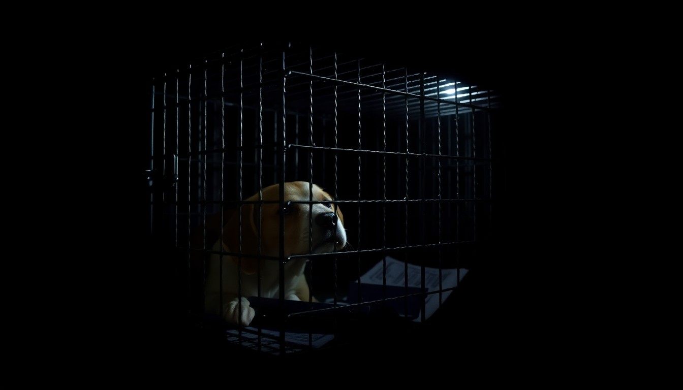An extreme close-up photograph of a damaged beagle cage, the metal bars and wiring illuminated by a harsh, direct camera flash against a pitch-black background, conceptually illustrating the confrontational nature of the protest at Ridglan Farms.