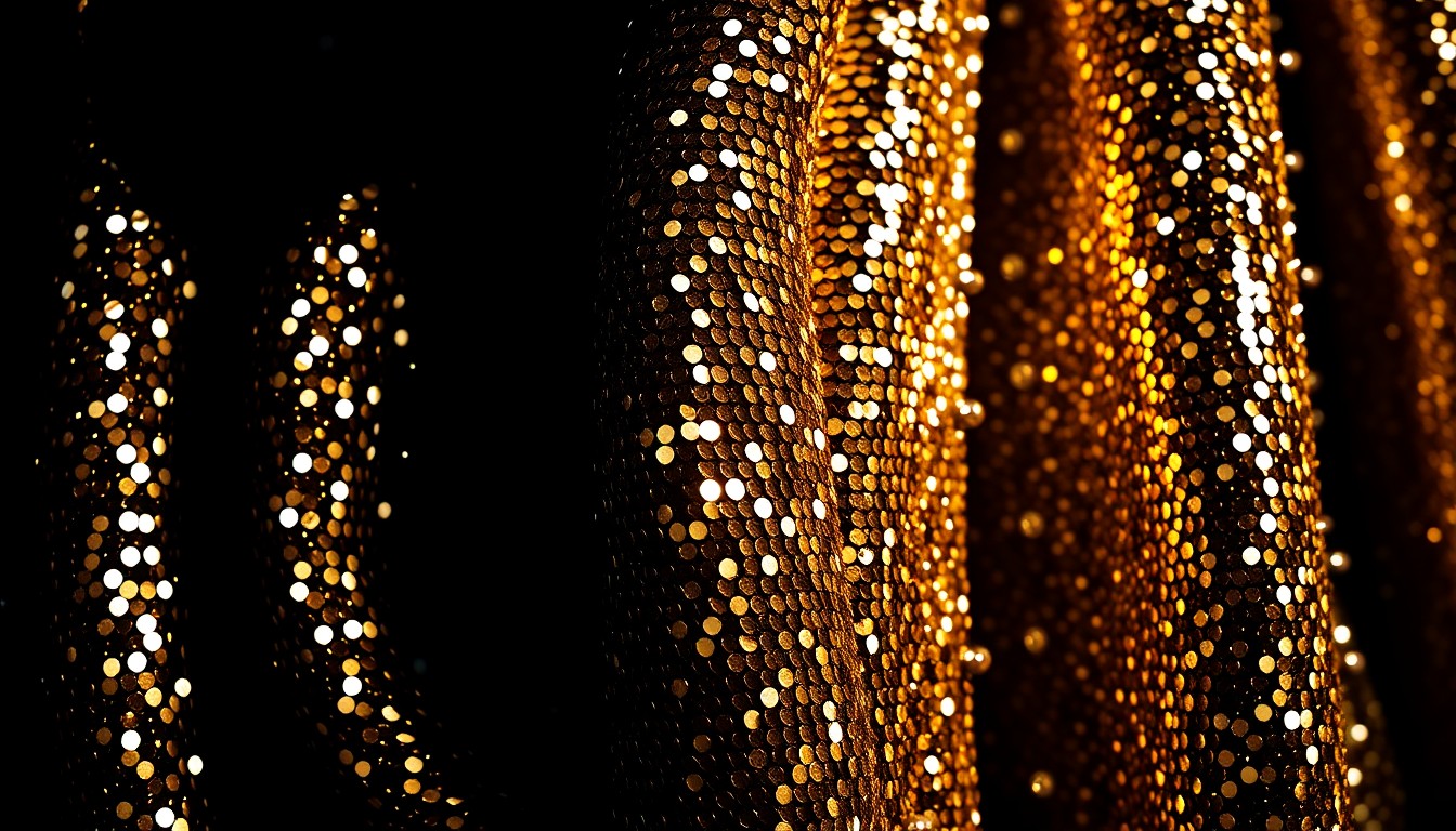 An extreme close-up of shimmering sequins and plush velvet textures, captured in dramatic high-contrast studio lighting to create a glamorous, high-fashion aesthetic representing the enduring star power of legendary singer Barry Manilow.
