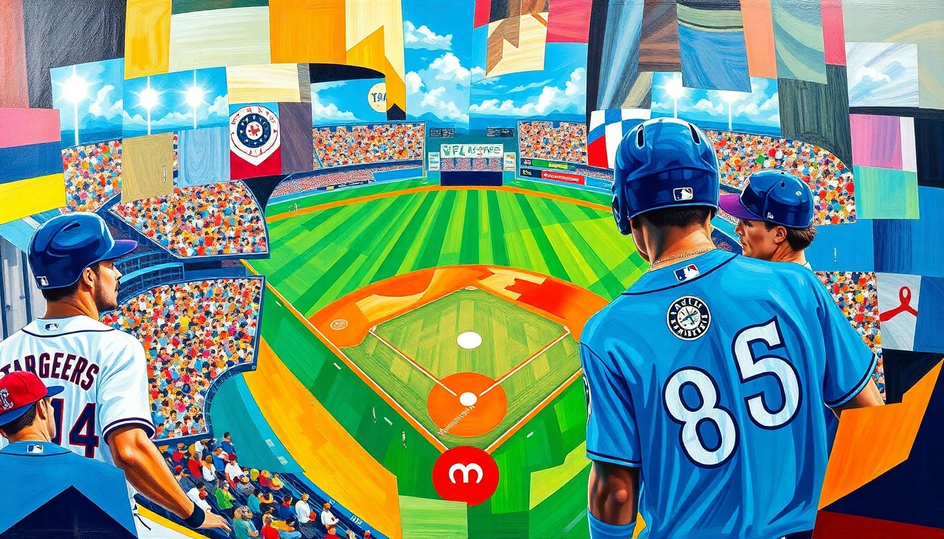 A fractured, multi-perspective painting in Picasso's cubist style, breaking down a baseball game into sharp, overlapping geometric planes in the vibrant colors of the Texas Rangers and Seattle Mariners uniforms.