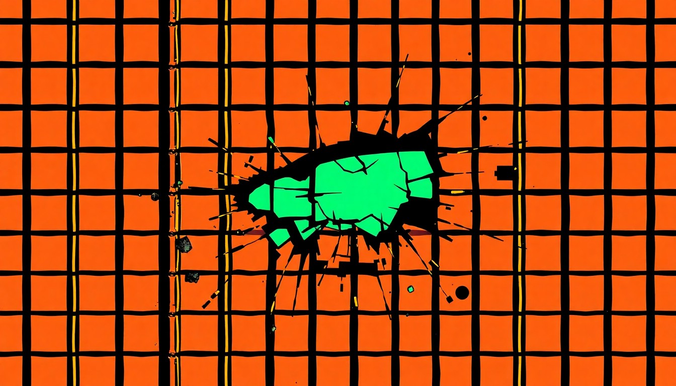 An extreme close-up of a shattered car sensor lens reflecting a faint red light, conceptually illustrating the vandalism of self-driving cars.