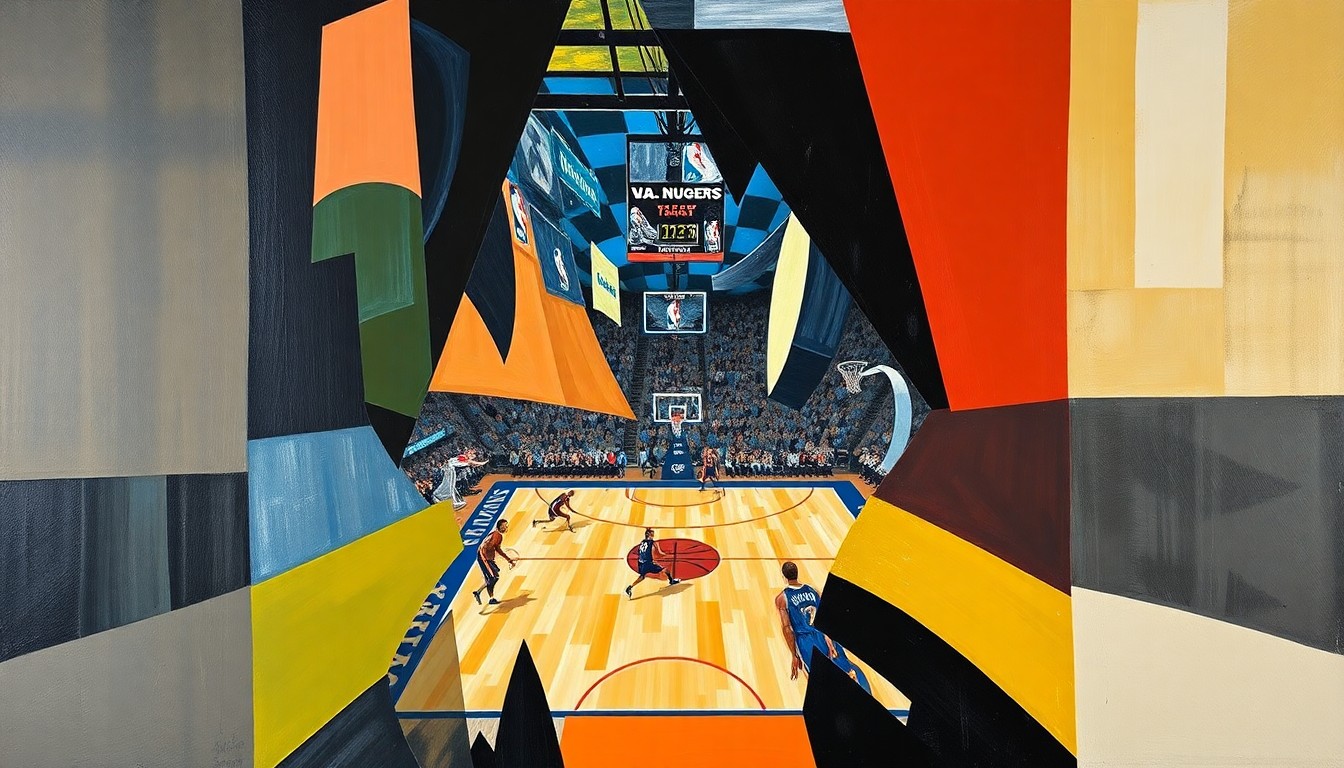 A cubist, geometric painting depicting fragmented and overlapping basketball players, hoops, and court lines, capturing the dynamic action and strategy of the playoff matchup between the Denver Nuggets and Minnesota Timberwolves.