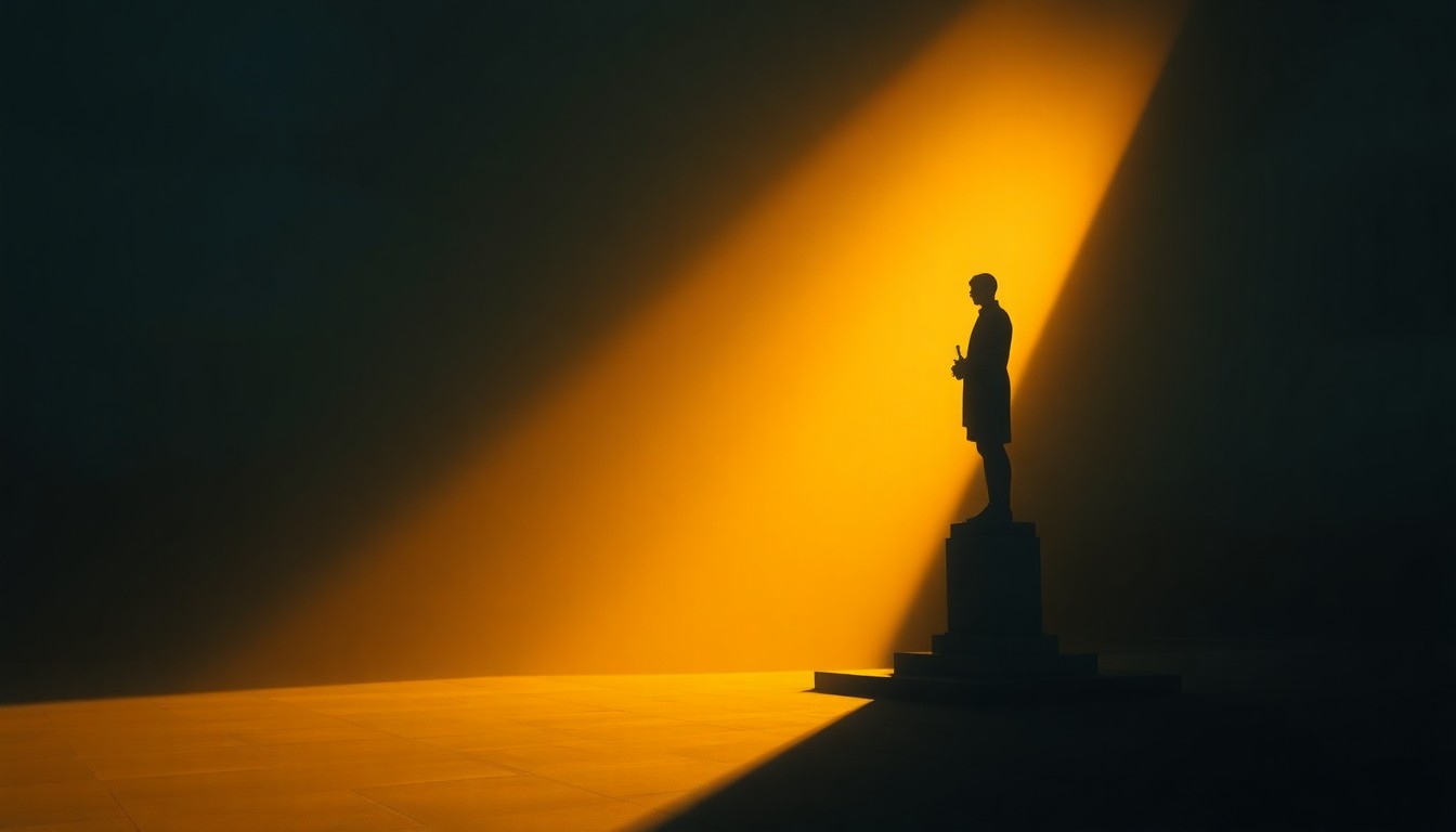 A serene, cinematic painting depicting a solitary Vietnam War memorial statue or monument in a warm, sunlit urban setting, conveying a sense of reverence and reflection.