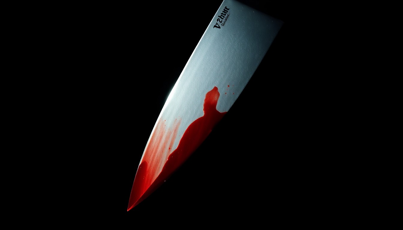 An extreme close-up of a bloody knife blade, the harsh flash illuminating the sharp metal against a dark background, conceptually representing the violence of a stabbing incident.