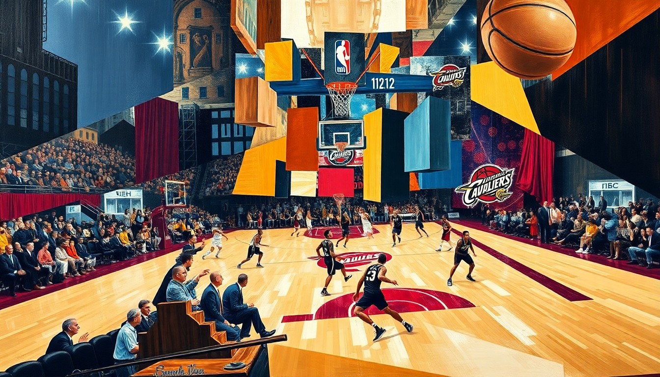 A cubist, geometric painting depicting a basketball game in motion, with overlapping shapes and planes representing the players, court, and ball, conveying the strategic complexity of the playoff matchup.