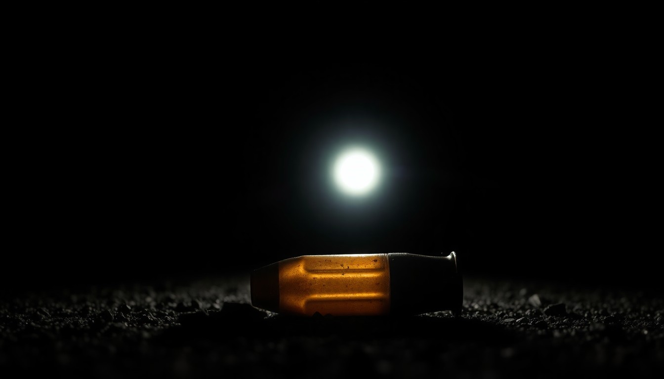 An extreme close-up photograph of a spent shell casing on the ground, creating a stark, gritty, investigative aesthetic through the use of harsh, direct flash lighting against a pitch-black background.