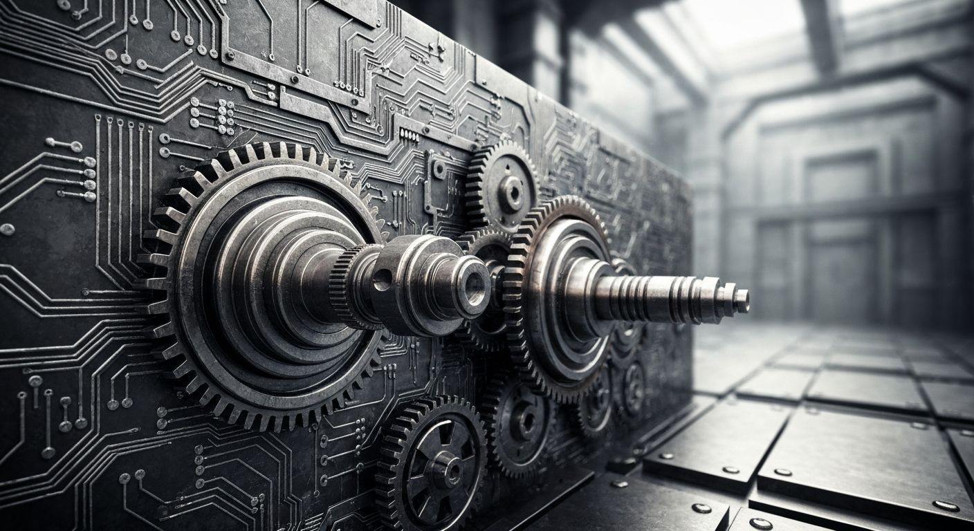 An extreme close-up of intricately engineered industrial machinery, representing the complex financial infrastructure and institutional investments that drive the semiconductor sector.