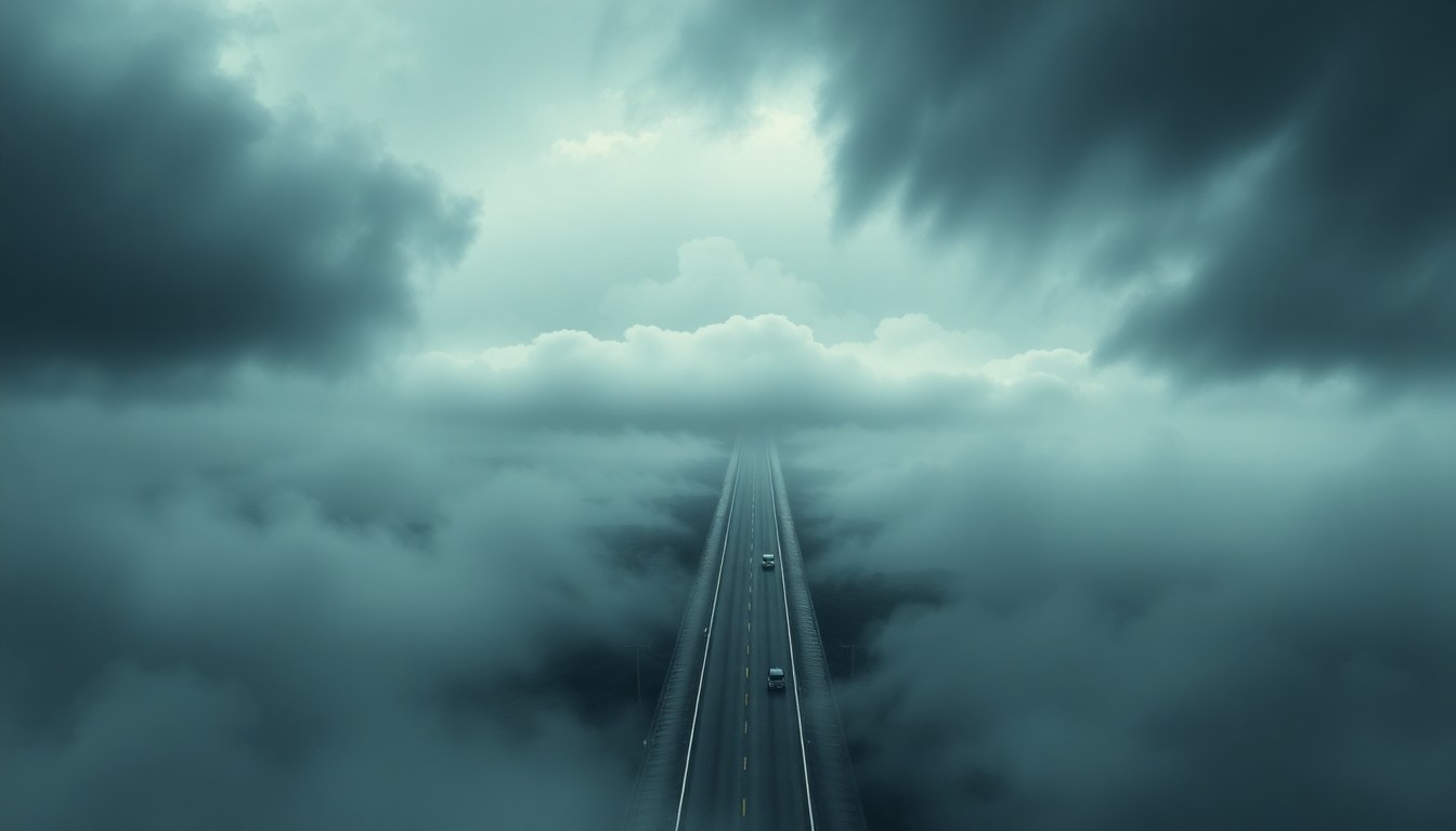 A vast, atmospheric landscape painting depicting a flooded highway cutting through a dramatic scene of heavy rain and low-hanging clouds, conveying the overwhelming scale and force of the natural disaster.