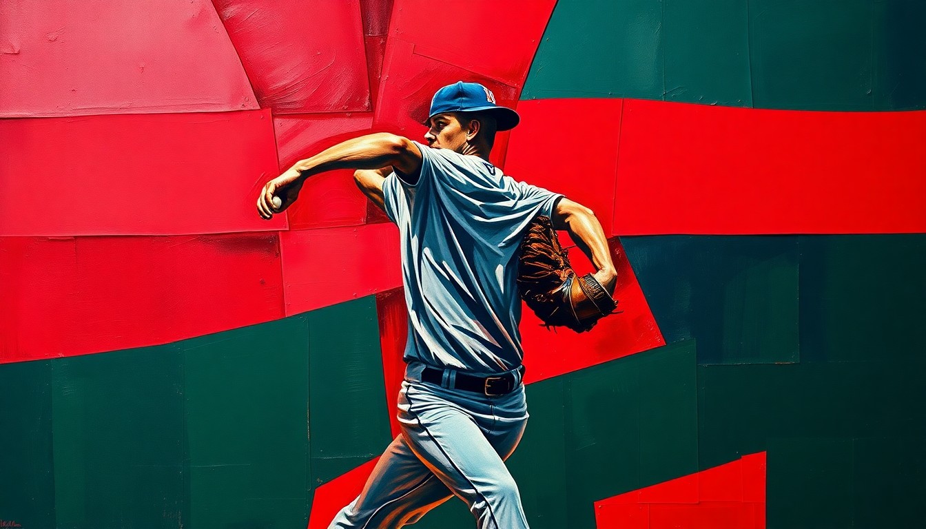 A cubist, geometric painting depicting a baseball pitcher's motion broken down into sharp, overlapping planes of red, blue, and green, conveying the uncertainty and fragmentation of the Red Sox's pitching situation.