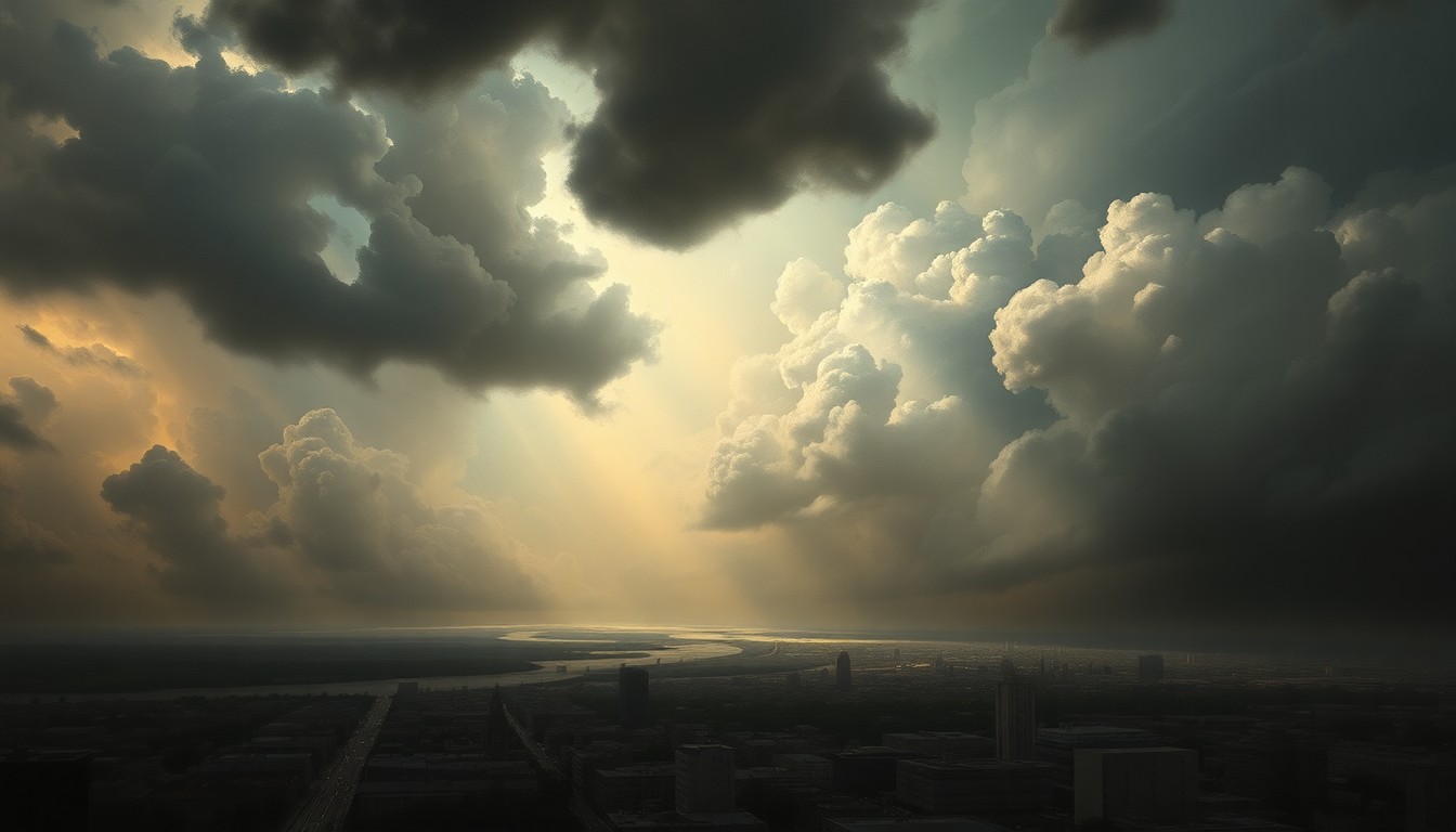 A vast, majestic landscape painting depicting a stormy sky over a coastal scene in New Orleans. The composition uses deep, atmospheric perspective and dramatic backlighting to capture the mood of the approaching weather front, with the city's buildings and infrastructure dwarfed by the overwhelming power of the natural elements.