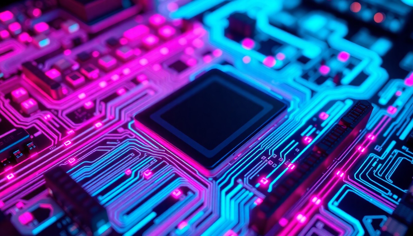 A highly detailed, luminous 3D illustration of a futuristic computer motherboard or circuit board, with intricate patterns of neon lights representing the complex, interconnected components of an advanced technological system.
