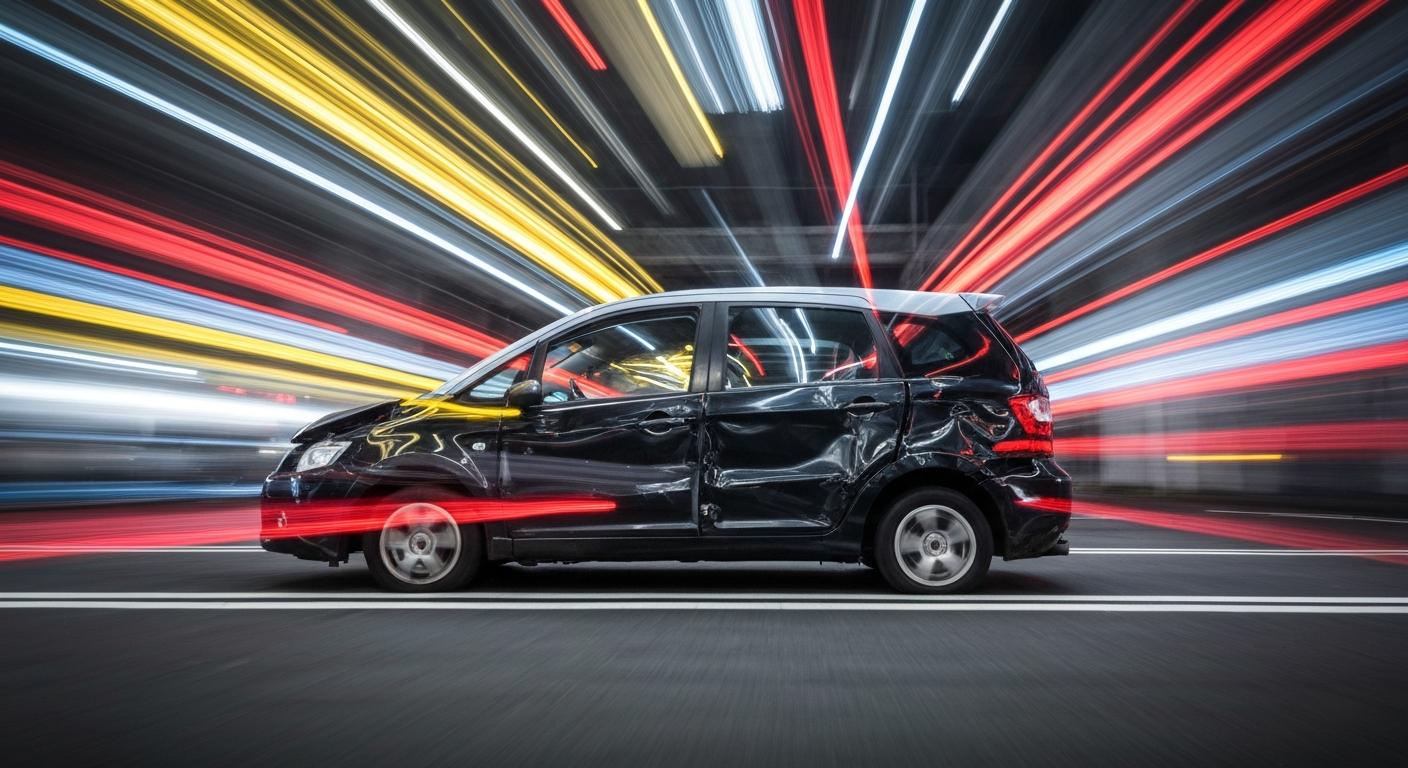 An abstract, sweeping oil paint brushstroke image in bright colors, conceptually representing the damage and chaos of a vandalized self-driving car.