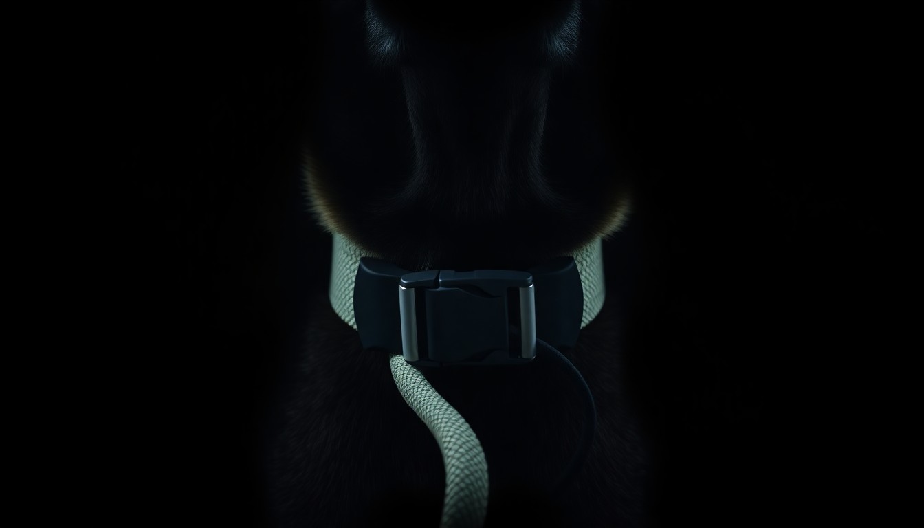 An extreme close-up photograph of a police K-9 officer's collar and leash, lit by a harsh, direct camera flash against a pitch-black background, creating a stark, gritty, investigative aesthetic.
