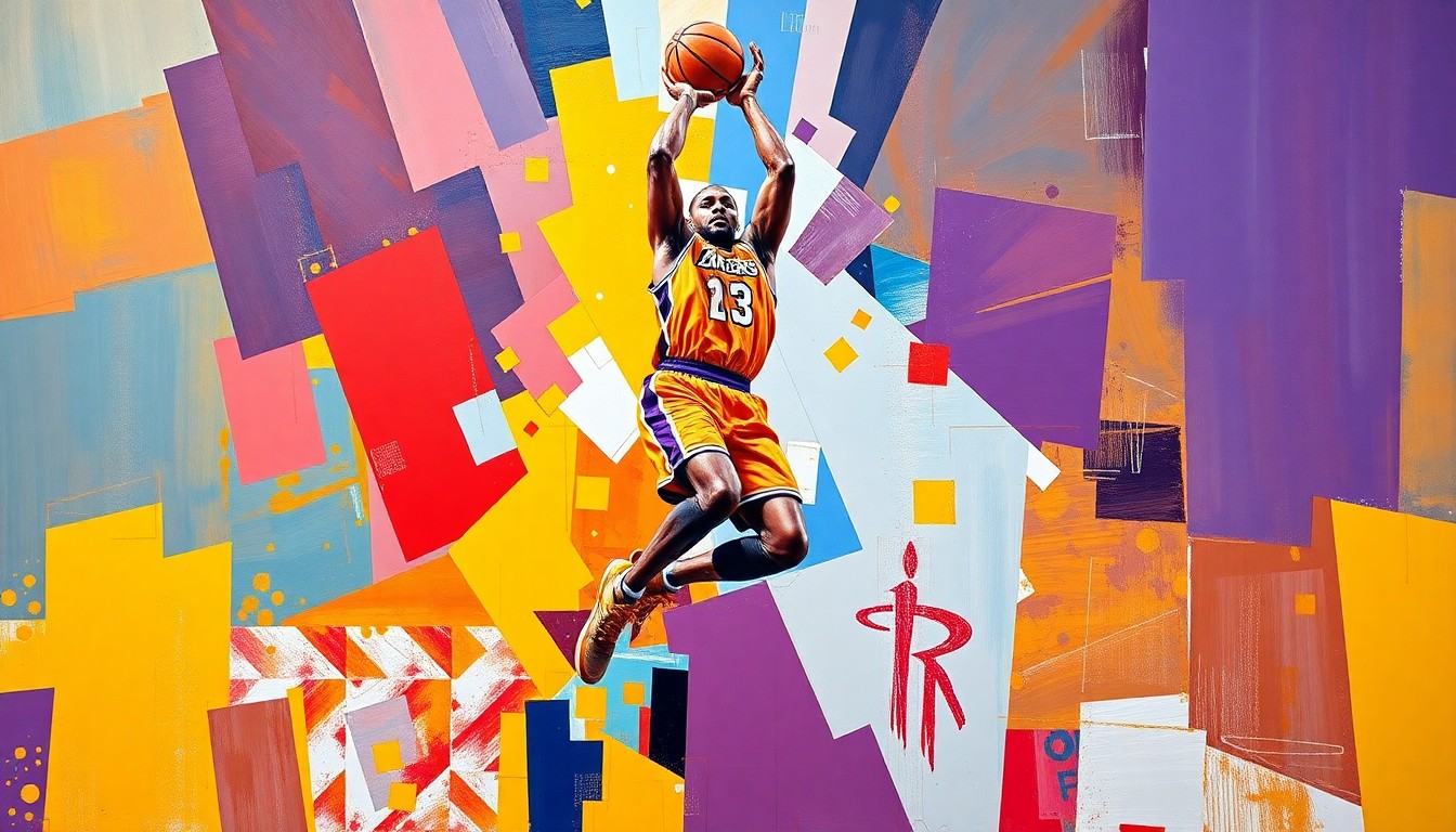A cubist, geometric painting depicting a basketball player in mid-jump shot, their body fractured into sharp, overlapping planes of gold, purple, and red, capturing the raw energy and unpredictability of Kennard's performance.