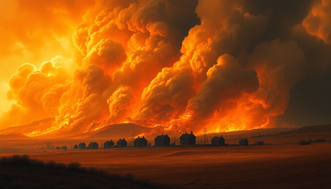 A sweeping landscape painting depicting a raging wildfire consuming a row of small houses in the distance, with the overwhelming scale of the natural disaster dwarfing the physical structures through the use of deep atmospheric perspective and dramatic backlighting.