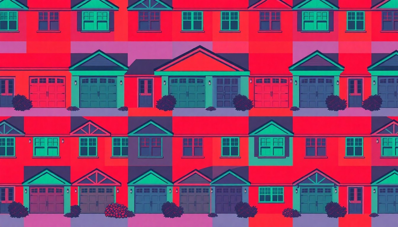 A highly stylized, silkscreen-inspired illustration featuring a repeating pattern of a single, iconic suburban home element, such as a garage door or picture window, rendered in a bold, neon color palette with heavy black outlines, conceptually representing the appeal of spacious, single-family homes in desirable neighborhoods.