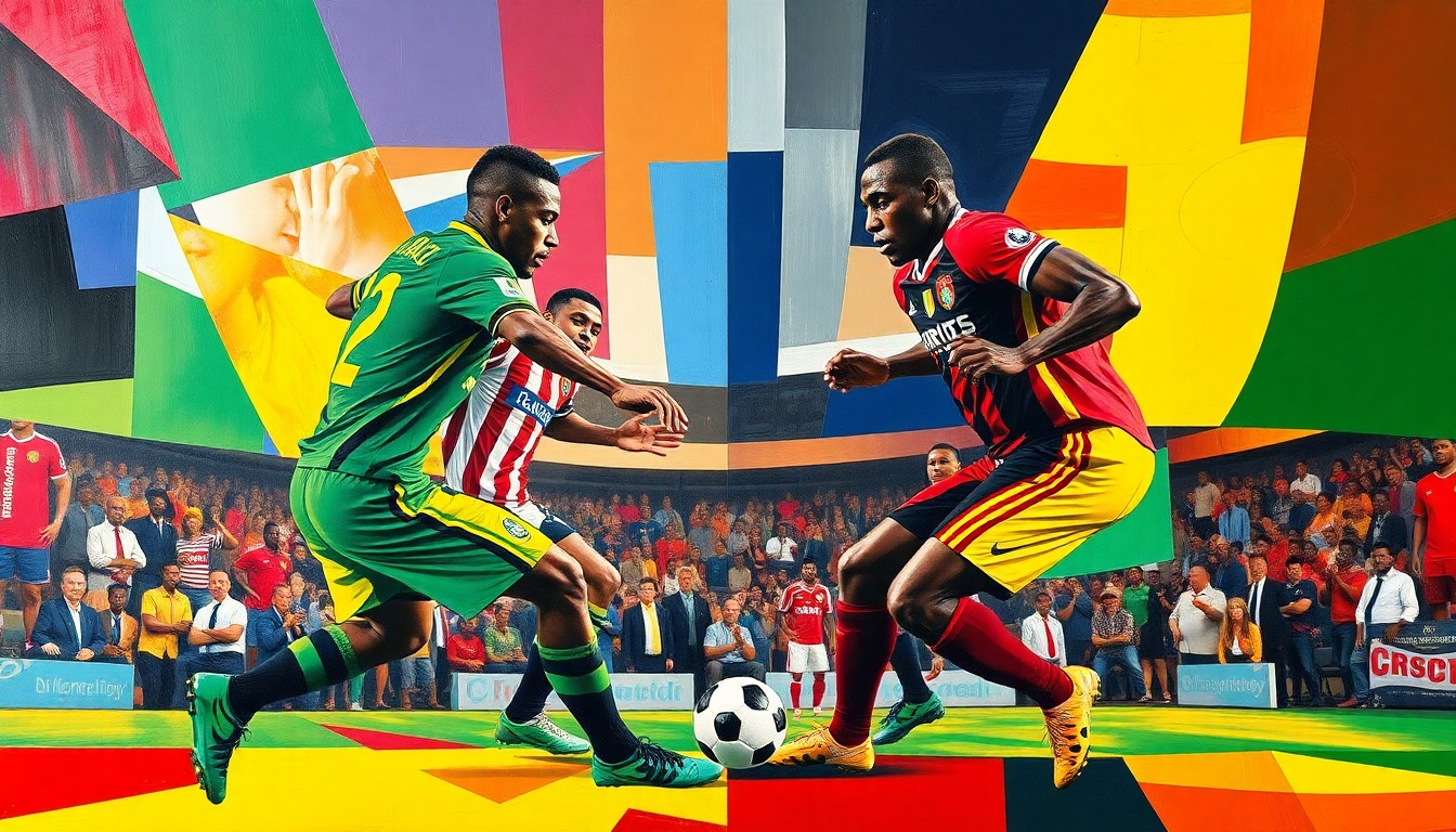 A fractured, cubist-style painting depicting a football match between two teams, with the players and field broken down into sharp, overlapping geometric shapes and planes in the team's official colors.