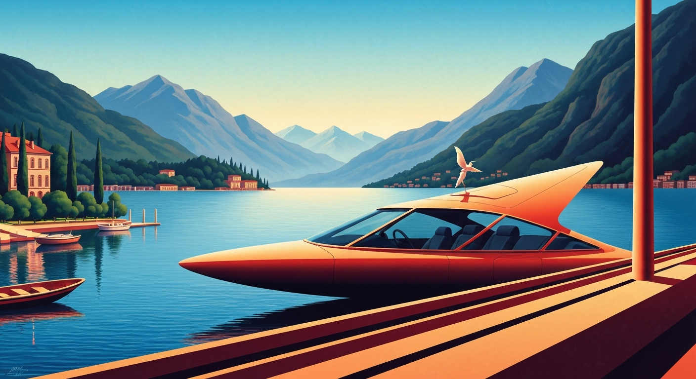 A bold, geometric illustration in the Art Deco style, featuring a sweeping, airbrushed landscape with a towering, streamlined perspective of a lakeside park, capturing the grand scale and romantic essence of the travel destination.