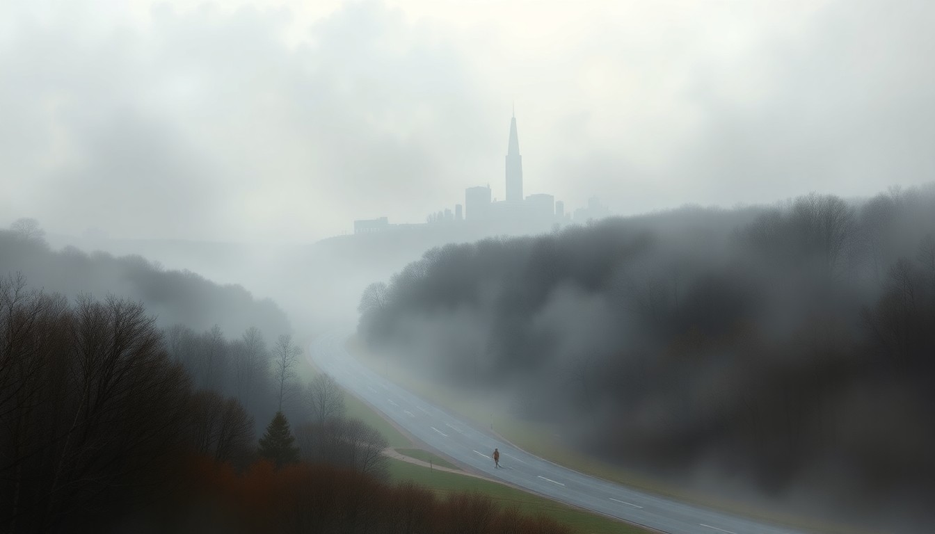 A sweeping, atmospheric landscape painting in muted tones of gray, blue, and green, depicting the Boston Marathon course winding through a misty, windswept environment, with the Prudential Tower barely visible in the distance, conveying the overwhelming power of nature.