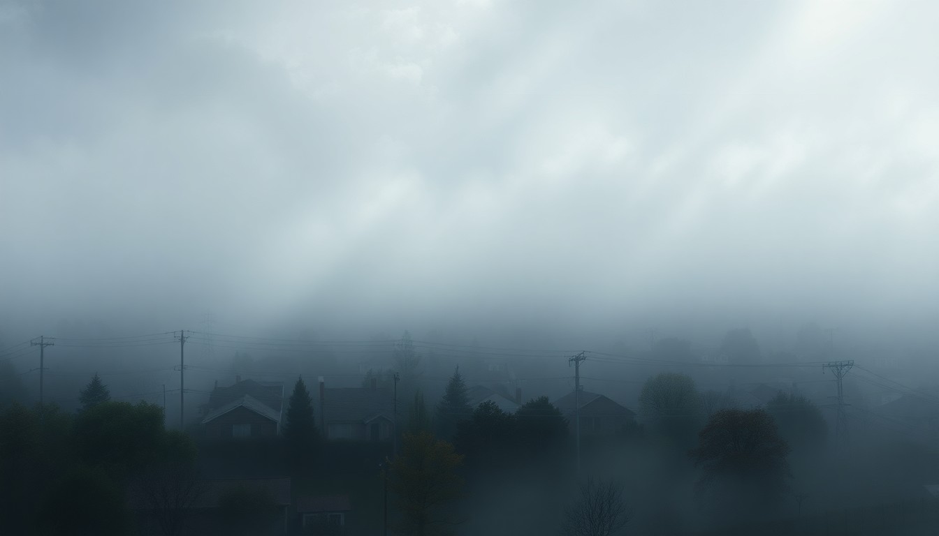 A heavily textured, atmospheric landscape painting in muted grays and blues, with the faint outlines of power lines and utility poles barely visible through a thick fog, conveying the overwhelming scale and power of a widespread power outage.