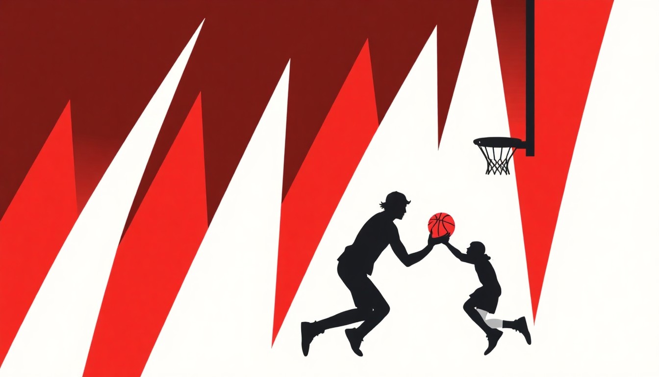 An abstract, minimalist illustration featuring bold, jagged shapes in red and white, conceptually representing the excitement and emotion of a basketball-themed marriage proposal.