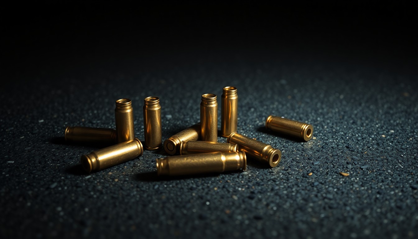 An extreme close-up photograph of several spent bullet casings on a dark asphalt surface, conceptually illustrating the evidence collected by police at the scene of a reported shooting incident.